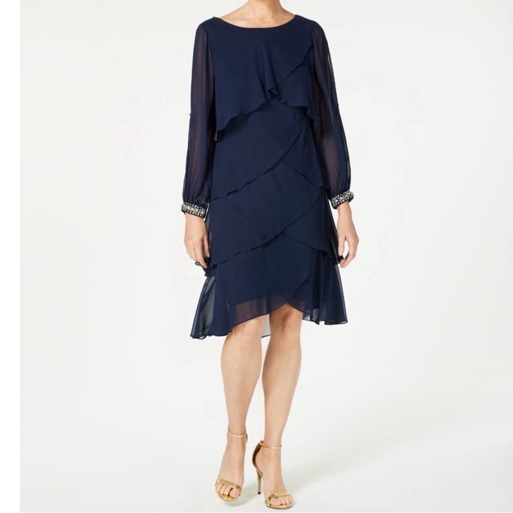 SLNY Womens Navy Long Sleeve Knee Length Layered Evening size 10